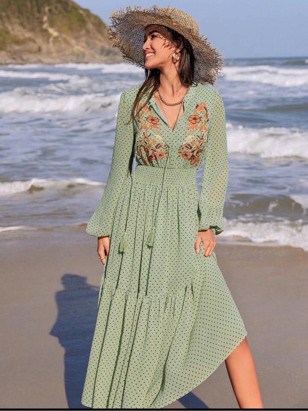 Rusttydustty Boho Embroidered Floral Polka Dot Ruffle Dress